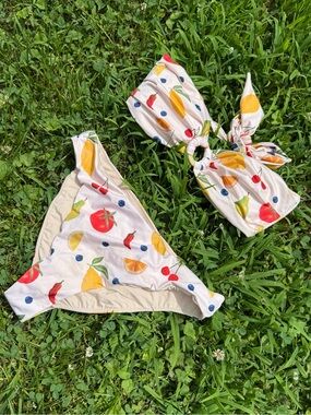 Fruit-Print Bandeau Bikini Set in Cream